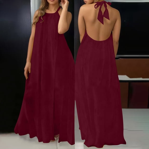 Maqroz Maxi Dresses for Women Halter Neck Backless Tie Waist Sundress Lightweight Cotton Summer Beach Vacation Travel Wedding Guest Vacation Dresses Red L