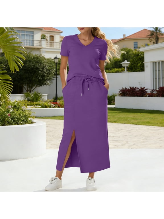 Maxi Skirt Sets for Women V Neck Short Sleeve Tops and Drawstring Waist Split Long Skirt Casual Athletic Two Piece Outfits with Pocket