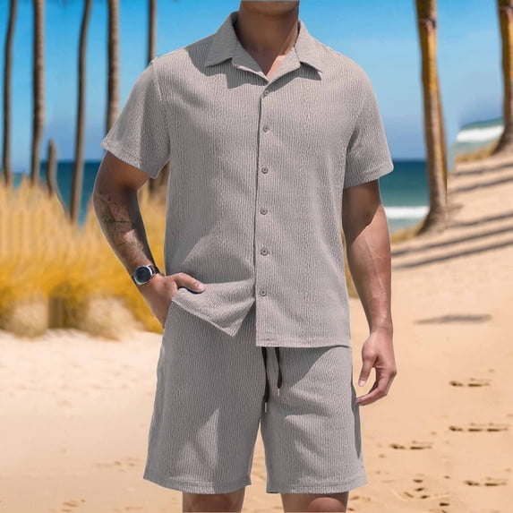 Maqroz Men's 2-Piece Summer Outfit Short Sleeve Button Down Shirt and Shorts Set Casual Hawaiian Style Beach Vacation Loungewear Lightweight Breathable Daily Wear