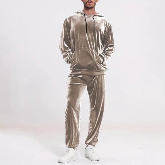 Maqroz Men's 2-Piece Velvet Tracksuit Long Sleeve Hooded Sweatshirt and Pants Set Soft Plush Loungewear for Spring Summer Leisure Time Home Casual Loose Outfits