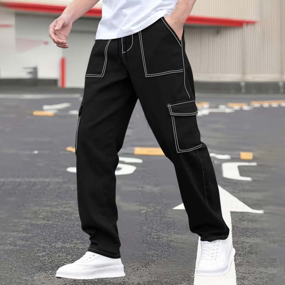 Maqroz Men's Cargo Pants Contrast Stitch Trousers Elastic Waist Drawstring Loose Fit Streetwear Hip Hop Joggers with Pockets Black,XL