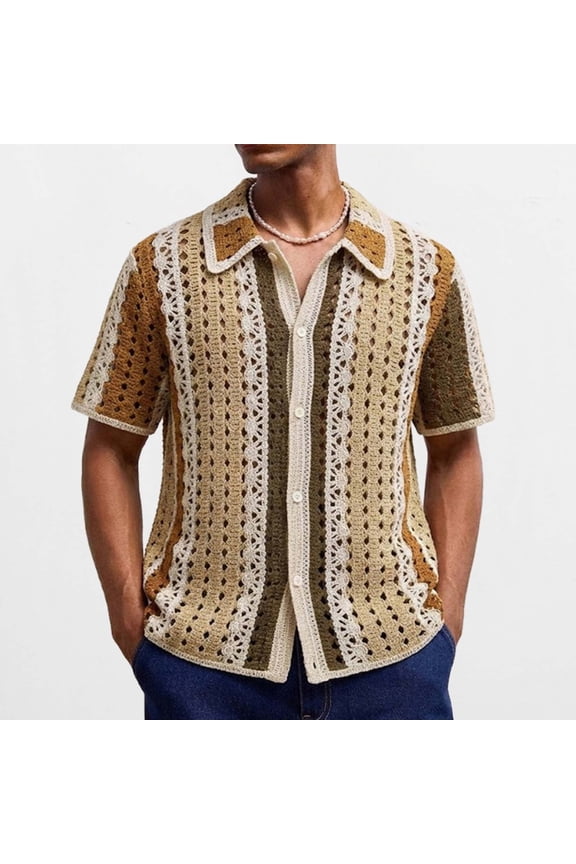 Men's Crochet Knit Button Down Shirt Short Sleeve Hollow Out Summer Beach Shirt Color Block Boho Style Casual Vacation Tops