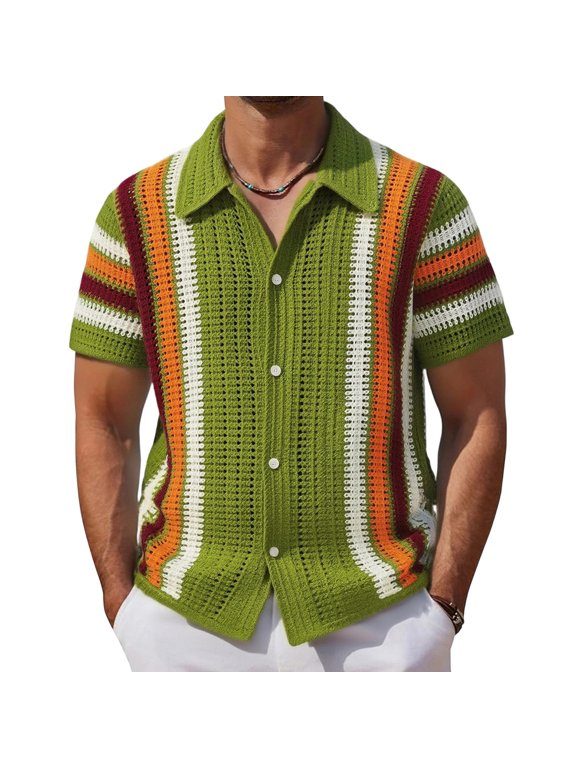 Men's Crochet Knit Shirt Short Sleeve Button Down Color Block Striped Summer Beach Shirt Hollow Out Casual Vacation Tops