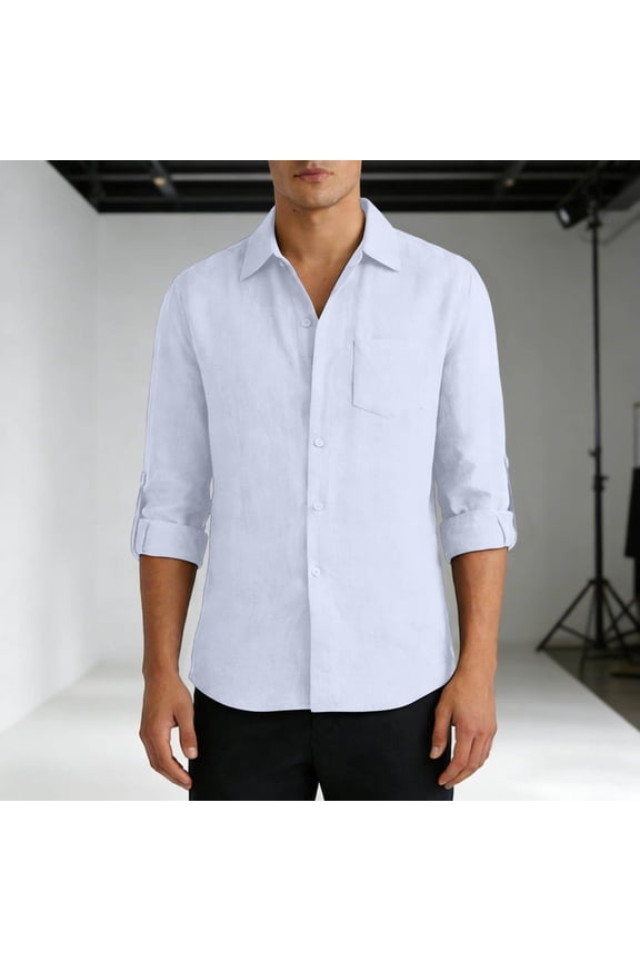 Men's Long Sleeve Button Down Shirt Casual Roll-Up Cuffs Summer Beach Shirt Lightweight Linen Look Shirt Vacation Office Wear with Chest Pocket