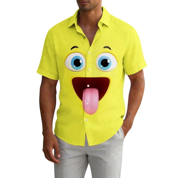 Maqroz Men's Plus Size Button Down Shirt Short Sleeve Funny Face Graphic Shirts Casual Summer Holiday Vacation Beach Hawaiian Top Novelty Graphic Tops