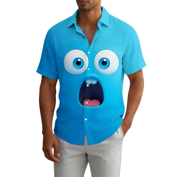 Maqroz Men's Plus Size Button Down Shirt Short Sleeve Funny Face Graphic Shirts Casual Summer Holiday Vacation Beach Hawaiian Top Novelty Graphic Tops