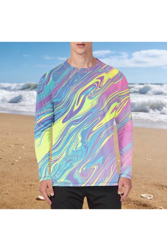 Men's Rash Guard Swim Shirts UPF 50++ Raglan Long Sleeve Sun Protection Tie Dye T Shirts Quick Dry Casual Crewneck Printed Pullover Sun Shirt Swimsuit Purple XXL