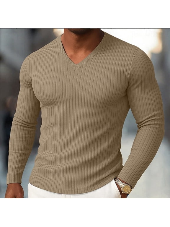 Men's Ribbed Knit V-Neck Long Sleeve Top Casual Slimming Muscle Sweaters Base Layer Tops for Gym Workouts and Daily Streetwear Looks