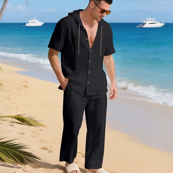 Maqroz Men's Summer 2-Piece Cuban Collar Shirt and Pants Set Long Sleeve Button Down Camp Shirt with Matching Trousers Relaxed Resort Wear Beach Vacation Casual Coordinated Linen Style Outfit