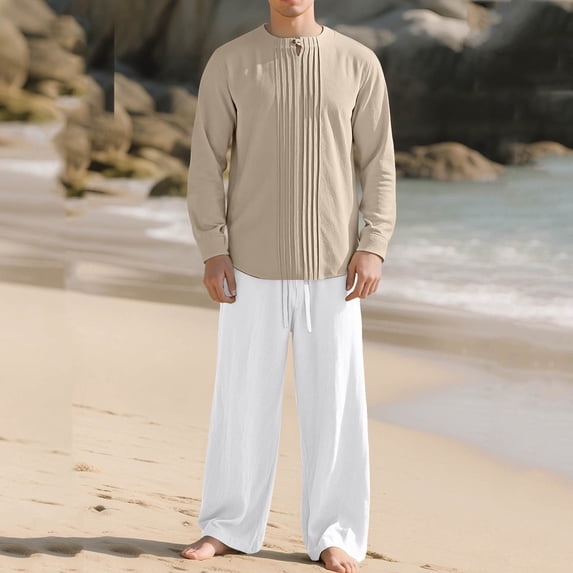 Maqroz Men's Summer 2-Piece Long Sleeve Button Down Top with Wide Leg Trousers Casual Business Wear Office Smart Relaxed Coordinated Lightweight Outfit with Pockets