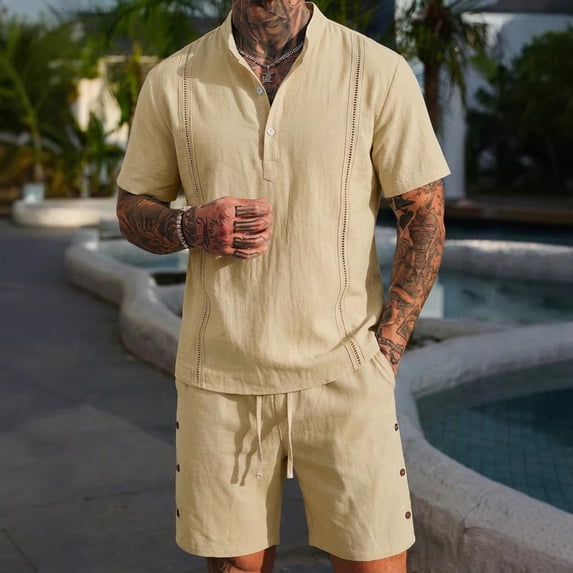 Maqroz Men's Summer 2-Piece Short Sleeve Shirt and Shorts Set Button Down Casual Top with Matching Drawstring Bottoms Beach Vacation Wear Lightweight Solid Color Outfit