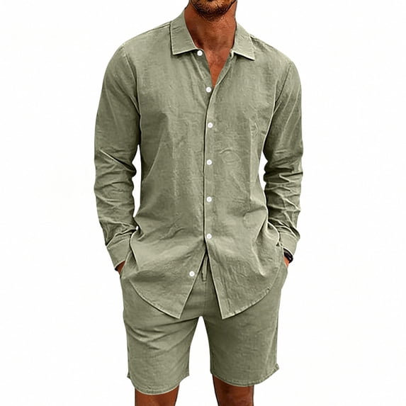 Maqroz Mens 2 Piece Outfits 2 Piece Casual Long Sleeve Summer Set Button Down Lapel Shirt & Elastic Waist Shorts Solid Lightweight Formal Dailywear