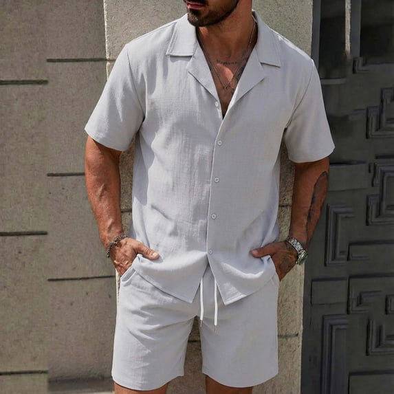 Maqroz Mens 2 Piece Outfits Button Down Lapel Top Drawstring Elastic Waist Shorts Linen Like Breathable Sets Summer Solid Casual Fashion Wear with Pockets