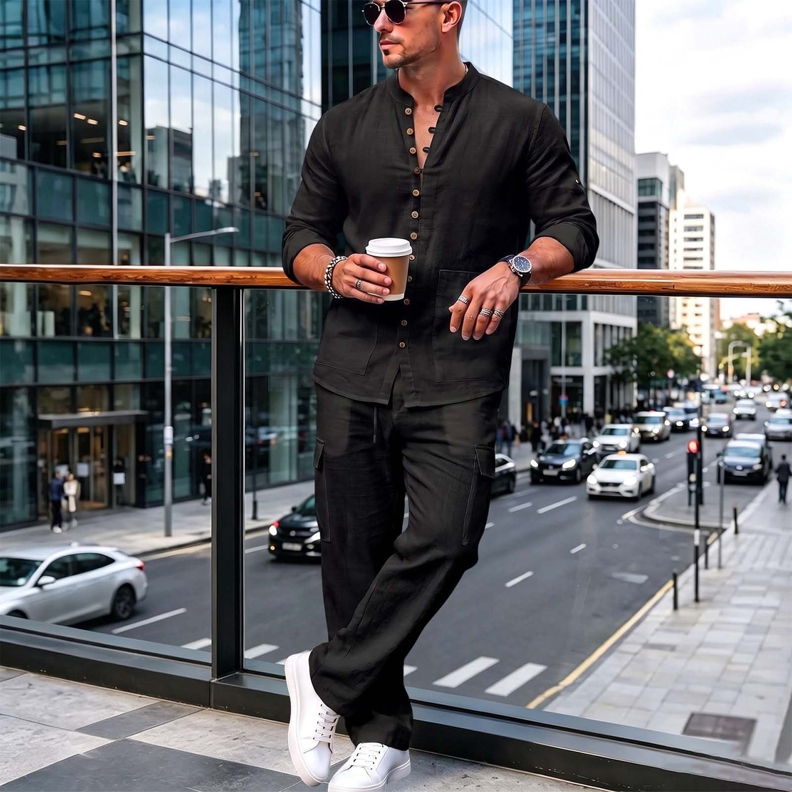Maqroz Mens 2 Piece Outfits Long Sleeve Button Down Shirt Cargo Pants ...
