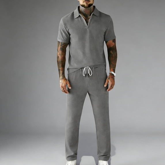 Maqroz Mens 2 Piece Outfits Quarter Zip Short Sleeve Shirt and Pants Business Formal Wedding Office Wear Lightweight Professional Elegant Ceremony Outfit