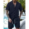 thumbnail image 1 of Maqroz Mens 2 Piece Outfits Short Sleeve Button Down Top & Shorts Hollow Out Breathable Knit Set Fashion Casual Textured Summer Streetwear, 1 of 8