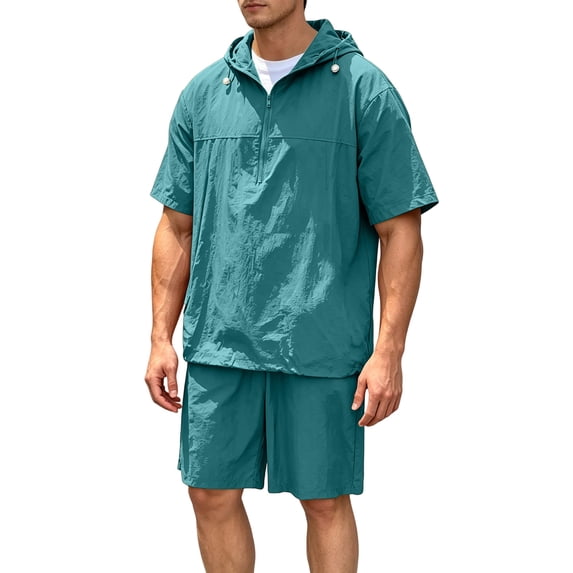 Maqroz Mens 2 Piece Outfits Short Sleeve Half Zip Hooded Pullover Shirts Drawstring Shorts Casual Athletic Activewear Summer Lightweight Windbreaker Tracksuits