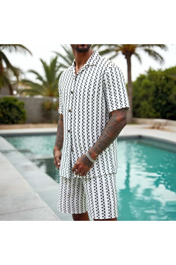 Mens 2 Piece Outfits Striped Shirt and Shorts Set Short Sleeve Button Down Top with Bottoms Beach Pool Boho Wear Lightweight Vacation Summer Outfit