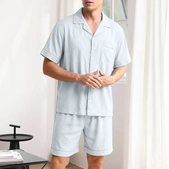 Maqroz Mens 2 Piece Short Set Classic Solid Color Pajamas Short Sleeve Lapel Button Down Shirt Elastic Waist Stretch Lounge Shorts Lightweight Breathable Loungewear