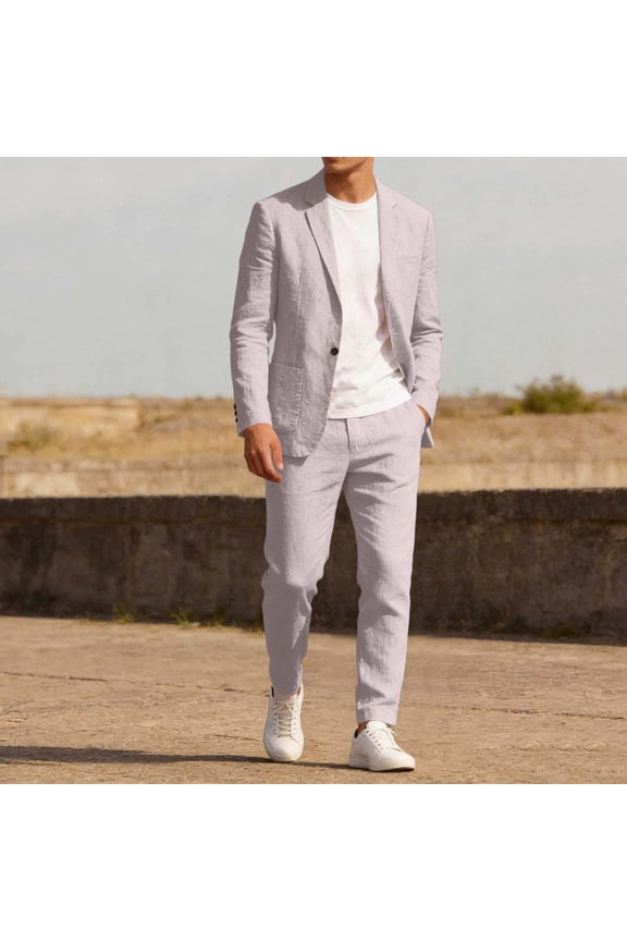 Mens 2 Piece Suit Set Classic Blazer Suits Notched Collar Button Down Jacket & Pants Solid Dressy Formal Outfits Long Sleeved Lightweight Sets with Pockets