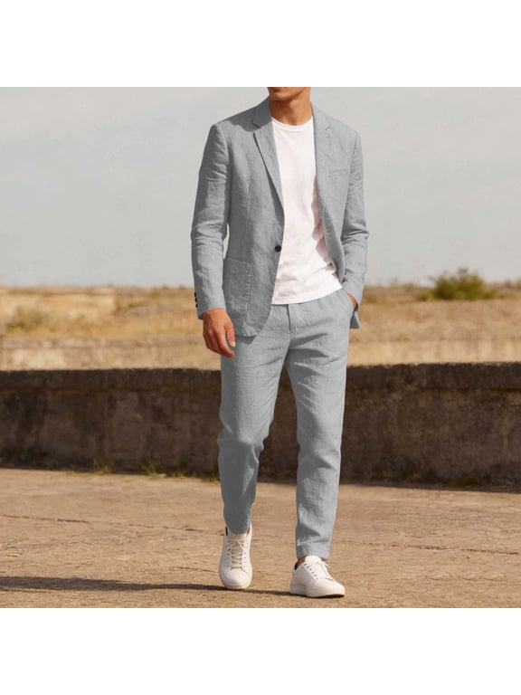 Mens 2 Piece Suit Set Classic Blazer Suits Notched Collar Button Down Jacket & Pants Solid Dressy Formal Outfits Long Sleeved Lightweight Sets with Pockets
