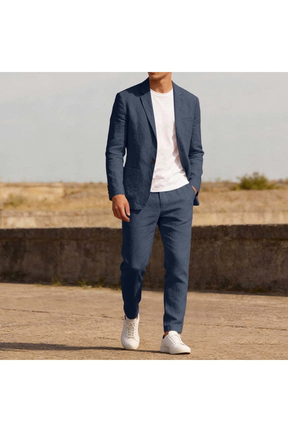 Mens 2 Piece Suit Set Classic Blazer Suits Notched Collar Button Down Jacket & Pants Solid Dressy Formal Outfits Long Sleeved Lightweight Sets with Pockets