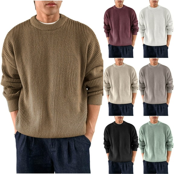 Maqroz Mens Casual Sweater Long Sleeve Round Neck Pullover Fashion Solid Color Pullovers Chunky Knit Warm Sweaters Fall Winter Layering Outfits