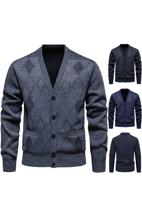 Mens Classic Cardigan Button Up V Neck Sweater Diamond Pattern Long Sleeve Cardigans Casual Formal Sweater for Men