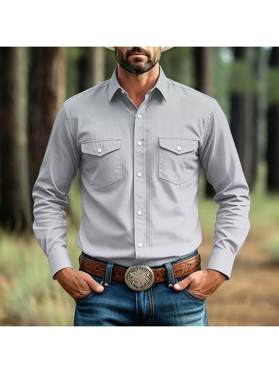 Mens Classic Shirts Long Sleeve Ombre Button Down Tops Dual Flap Pockets Vintage Western Style Outerwear Casual Daily Wear