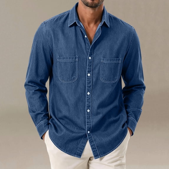 Maqroz Mens Dress Shirts Basic Denim Long Sleeve Button Up Tops Solid Classic Point Collar Blouses with Single Chest Pocket Formal Workwear
