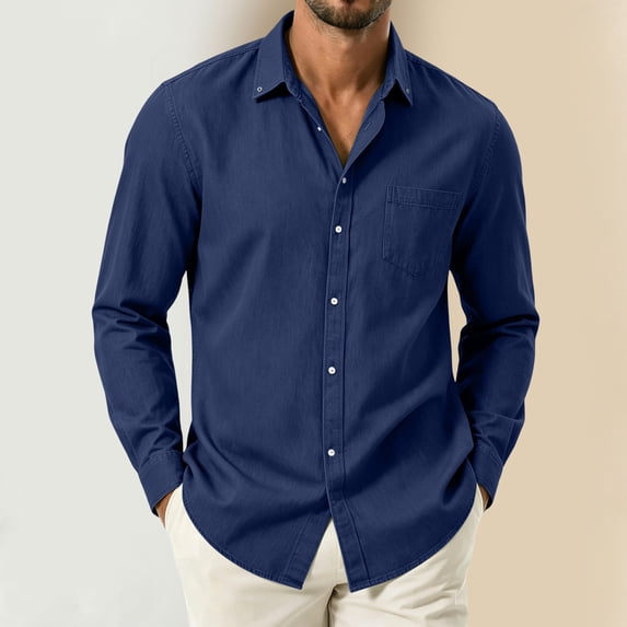 Maqroz Mens Dress Shirts Basic Denim Long Sleeve Button Up Tops Solid Classic Point Collar Blouses with Single Chest Pocket Formal Workwear