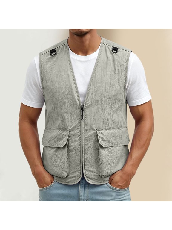 Mens Fashion Streetwear Plus Size V Neck Sleeveless Jackets Lightweight Texture Vest Hip Hop Techwear Style with Large Cargo Pockets