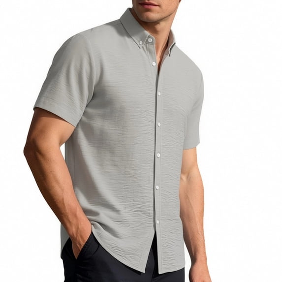 Maqroz Mens Fashion Tops Casual Short Sleeve Button Down Shirt Crinkle Texture Lightweight Vacation Holiday Resort Wear Essential