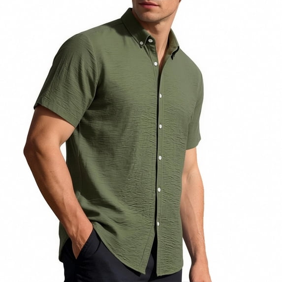 Maqroz Mens Fashion Tops Casual Short Sleeve Button Down Shirt Crinkle Texture Lightweight Vacation Holiday Resort Wear Essential