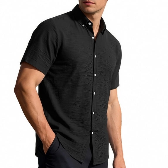Maqroz Mens Fashion Tops Casual Short Sleeve Button Down Shirt Crinkle Texture Lightweight Vacation Holiday Resort Wear Essential
