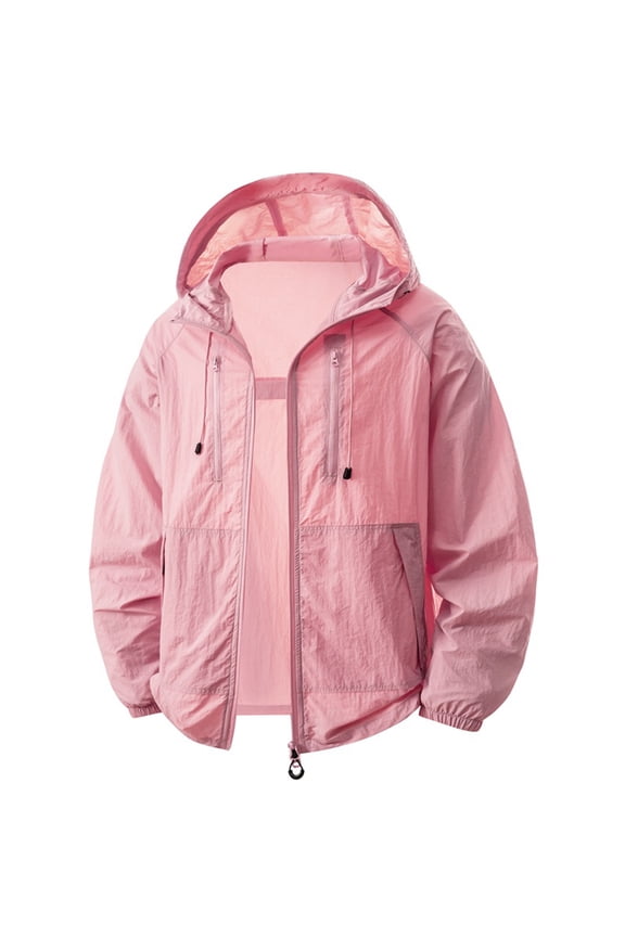 Mens Full Zip UPF 50+ Sun Protection Hoodie Jackets with Pockets Long Sleeve Sun Shirts Adjustable Cooling Lightweight Athletic Track Jacket Travel Hiking Fishing Outdoor Pink XXXL