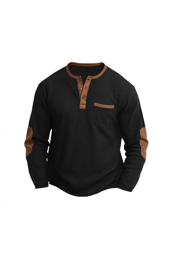 Mens Henley Shirts Long Sleeve Button Placket Tops Textured Knit Base Layer with Elbow Patches Chest Pocket Detail Casual Fall Winter Apparel Vintage Style Clothing