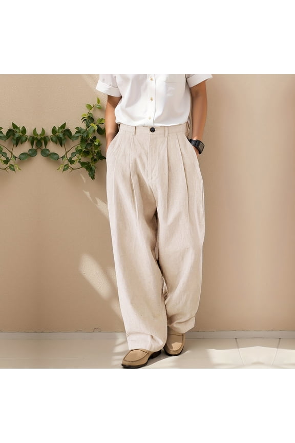 Mens High Waist Pleated Trousers Wide Leg Casual Pants Button Closure Office Work Business Formal Dress Vintage Relaxed Slacks with Pockets