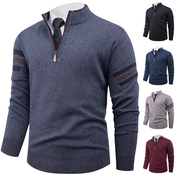 Maqroz Mens Layering Sweater Quarter Zip Stand Collar Pullover Fashion Printed Color Block Top Soft Knit Sweaters Fall Winter Trendy Warm Pullovers