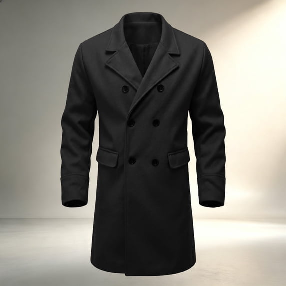 Maqroz Mens Long Double Breasted Trench Coat Notch Lapel Collar Winter Warm Overcoat Casual Business Formal Outerwear Heavyweight Classic Long Jacket, (Black,XXL)