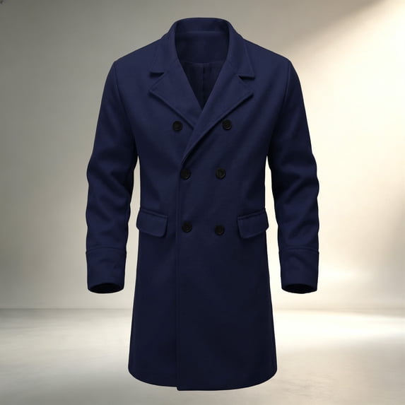 Maqroz Mens Long Double Breasted Trench Coat Notch Lapel Collar Winter Warm Overcoat Casual Business Formal Outerwear Heavyweight Classic Long Jacket, (Navy,XXL)