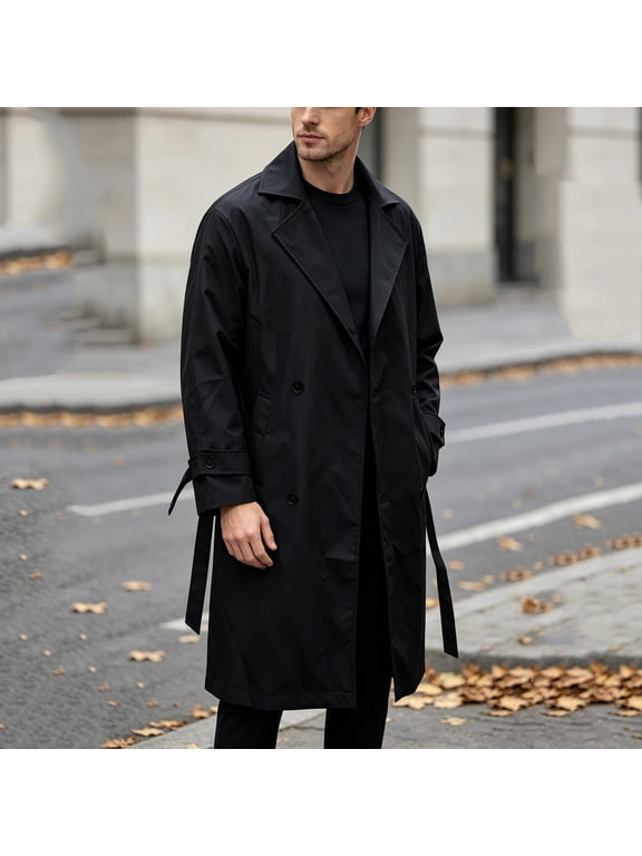 Mens Long Trench Coat Double Breasted Notch Lapel Fall Winter Windbreaker Casual Business Formal Overcoat Classic Outerwear with Waist Belt, (Black,M)