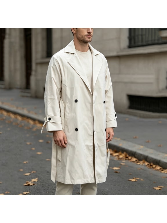 Mens Long Trench Coat Double Breasted Notch Lapel Fall Winter Windbreaker Casual Business Formal Overcoat Classic Outerwear with Waist Belt, (Khaki,XXL)