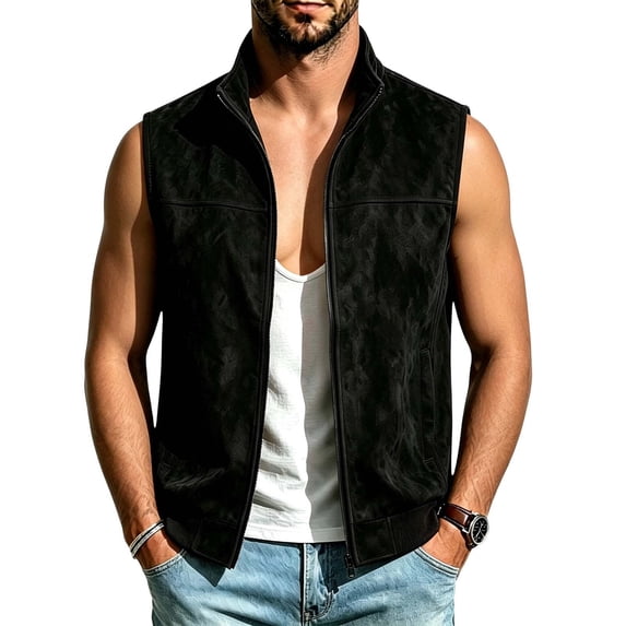 Maqroz Mens Outerwear Vests Faux Suede Sleeveless Jacket Stand Collar Zip Up Daily Coat with Pockets Black,M