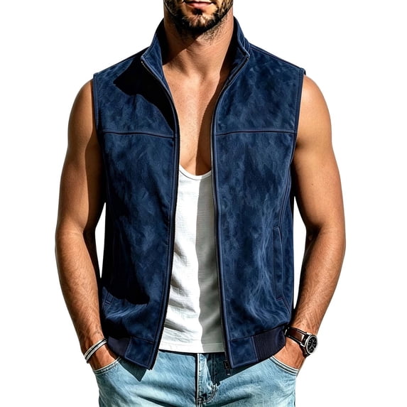 Maqroz Mens Outerwear Vests Faux Suede Sleeveless Jacket Stand Collar Zip Up Daily Coat with Pockets Navy,XL