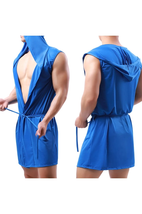 Mens Robes Sleeveless Hooded Bathrobe Open Front Deep V Neck Wrap Sleepwear Muscle Tank Style Loungewear with Adjustable Waist Belt Gym Boxing Apparel