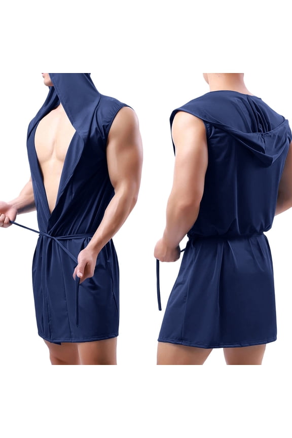 Mens Robes Sleeveless Hooded Bathrobe Open Front Deep V Neck Wrap Sleepwear Muscle Tank Style Loungewear with Adjustable Waist Belt Gym Boxing Apparel