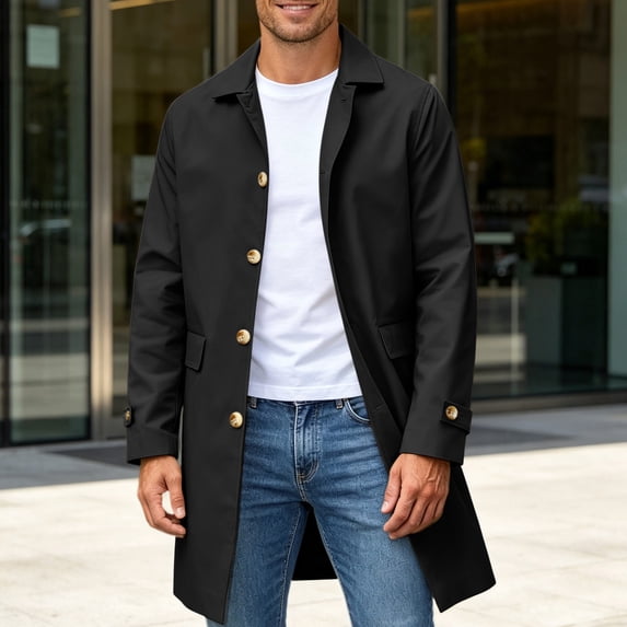 Maqroz Mens Single Breasted Trench Coat Mid Length Casual Business Overcoat Lapel Collar Windbreaker Fall Winter Warm Jacket with Button Cuffs, (Black,XL)