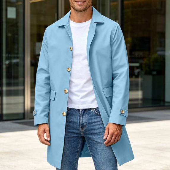 Maqroz Mens Single Breasted Trench Coat Mid Length Casual Business Overcoat Lapel Collar Windbreaker Fall Winter Warm Jacket with Button Cuffs, (Sky Blue,XXXL)