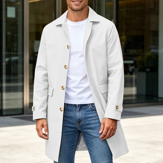 Maqroz Mens Single Breasted Trench Coat Mid Length Casual Business Overcoat Lapel Collar Windbreaker Fall Winter Warm Jacket with Button Cuffs, (White,L)